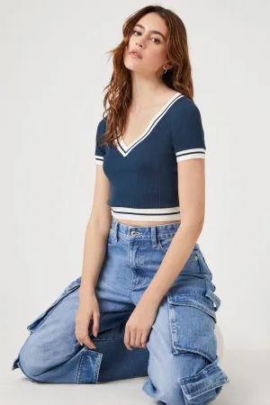 Forever 21 Women's Varsity-Striped Cropped T-Shirt Dark Navy/Vanilla Forever 21