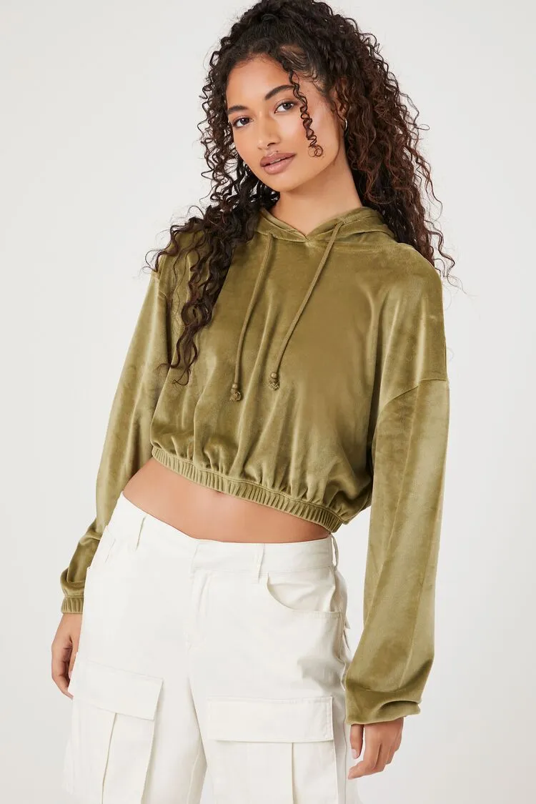 Forever 21 Women's Velour Cropped Hoodie Sweatshirt Olive Forever 21
