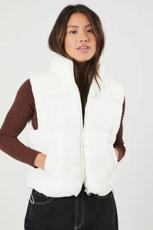 Forever 21 Women's Zip-Up Quilted Puffer Vest Cream Forever 21
