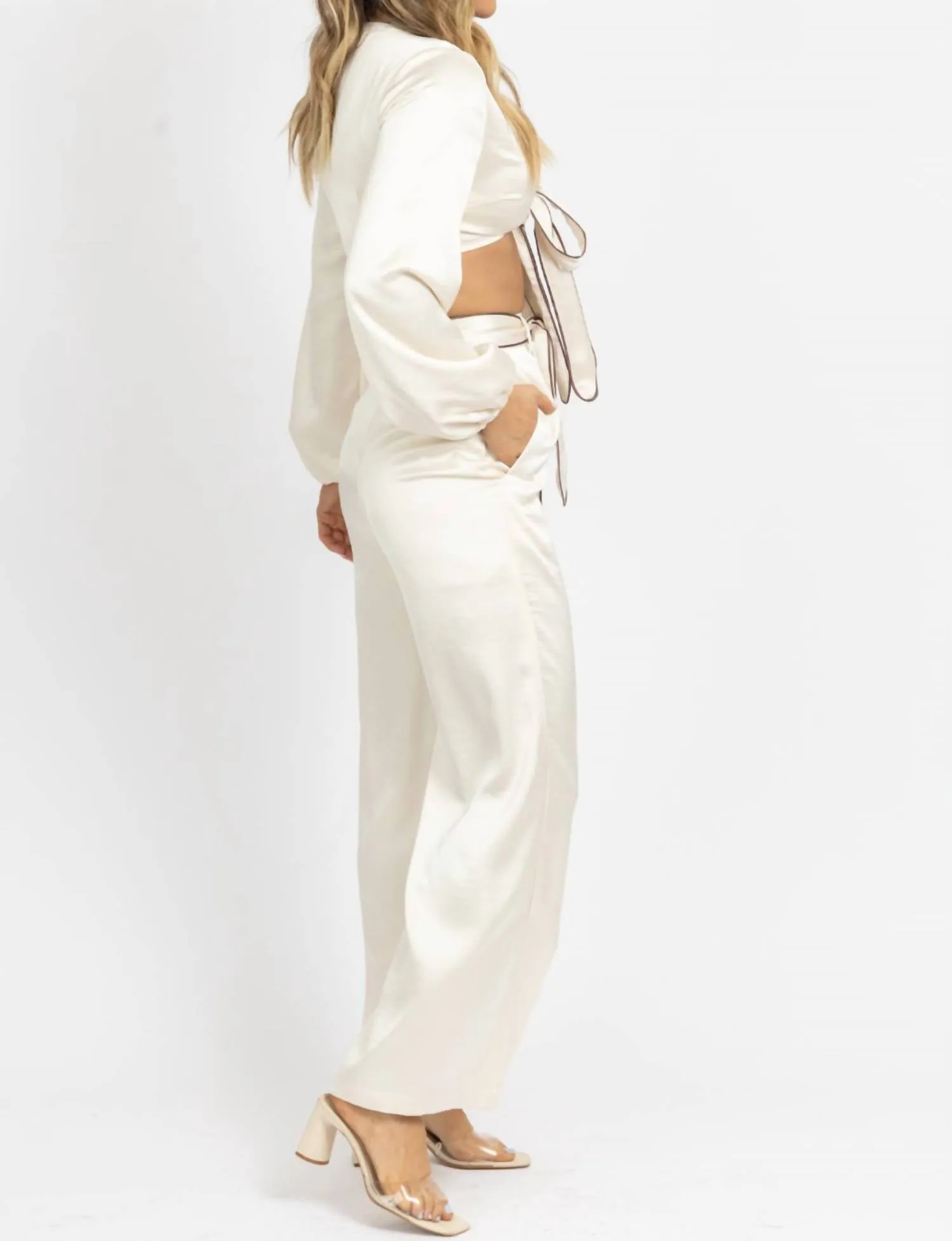 Front Tie Trouser Pant Set In Satin Creme