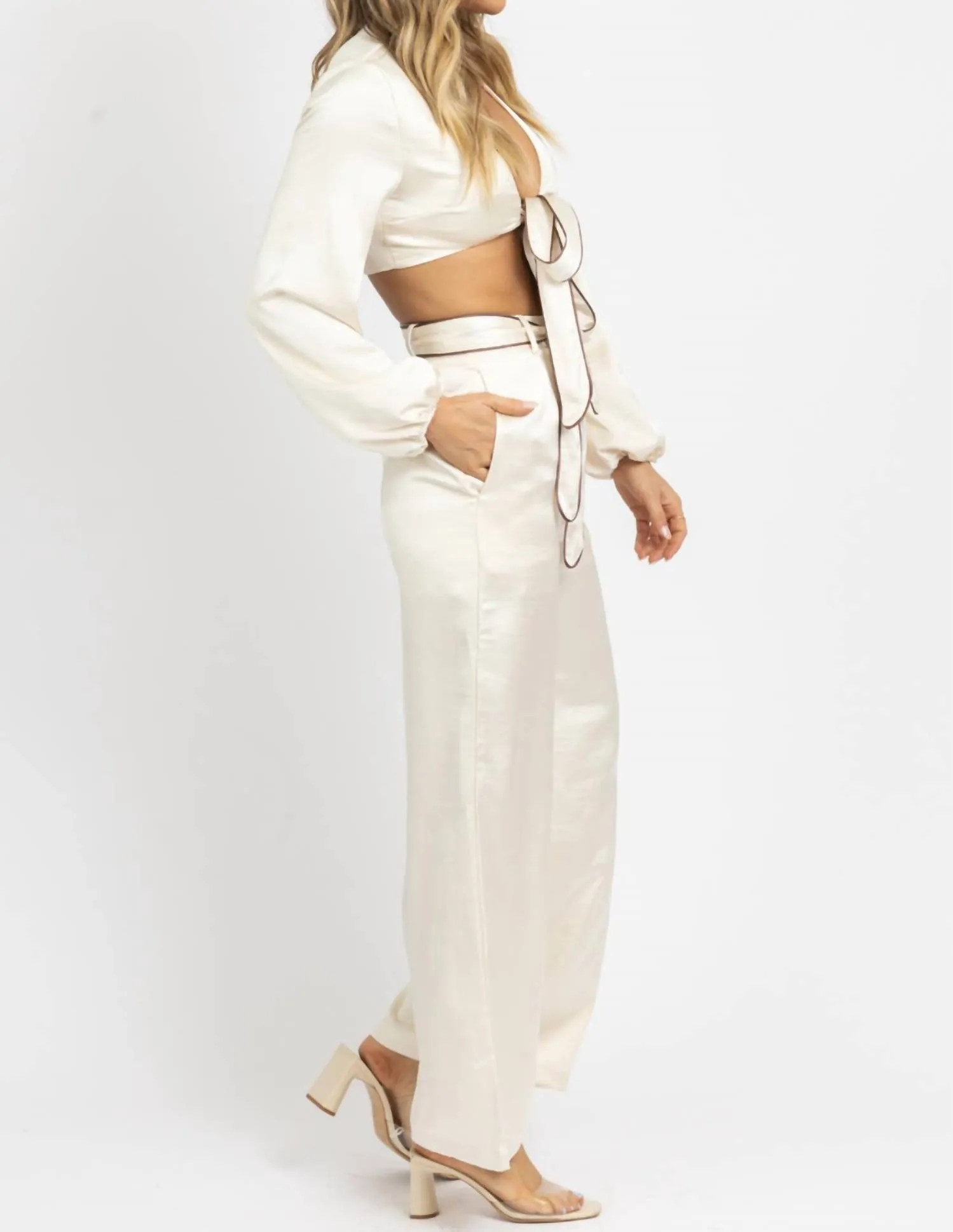 Front Tie Trouser Pant Set In Satin Creme