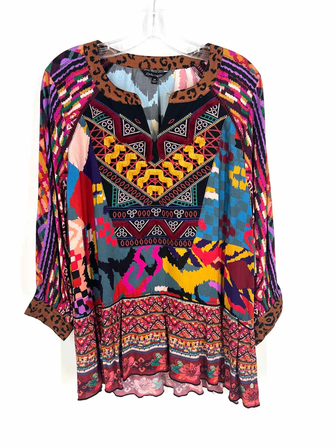 John Mark Size M Brown/Multi Multi-Print Frayed NEW Tops Top-3/4 Sleeve