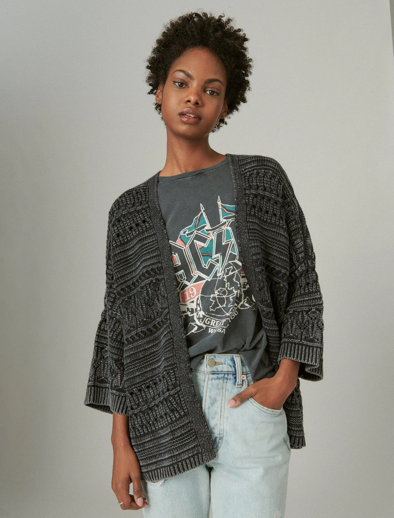 Lucky Brand Crochet Cardigan Dark Blk Acid Wash Lucky Brand
