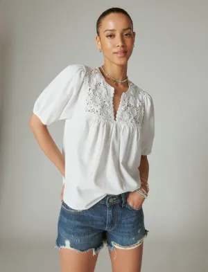 Lucky Brand Crochet Short Sleeve Peasant Top Bright White Lucky Brand