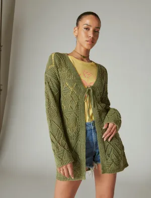 Lucky Brand Crochet Tie Front 3/4 Sleeve Cardigan Four Leaf Clover Acid Wash Lucky Brand