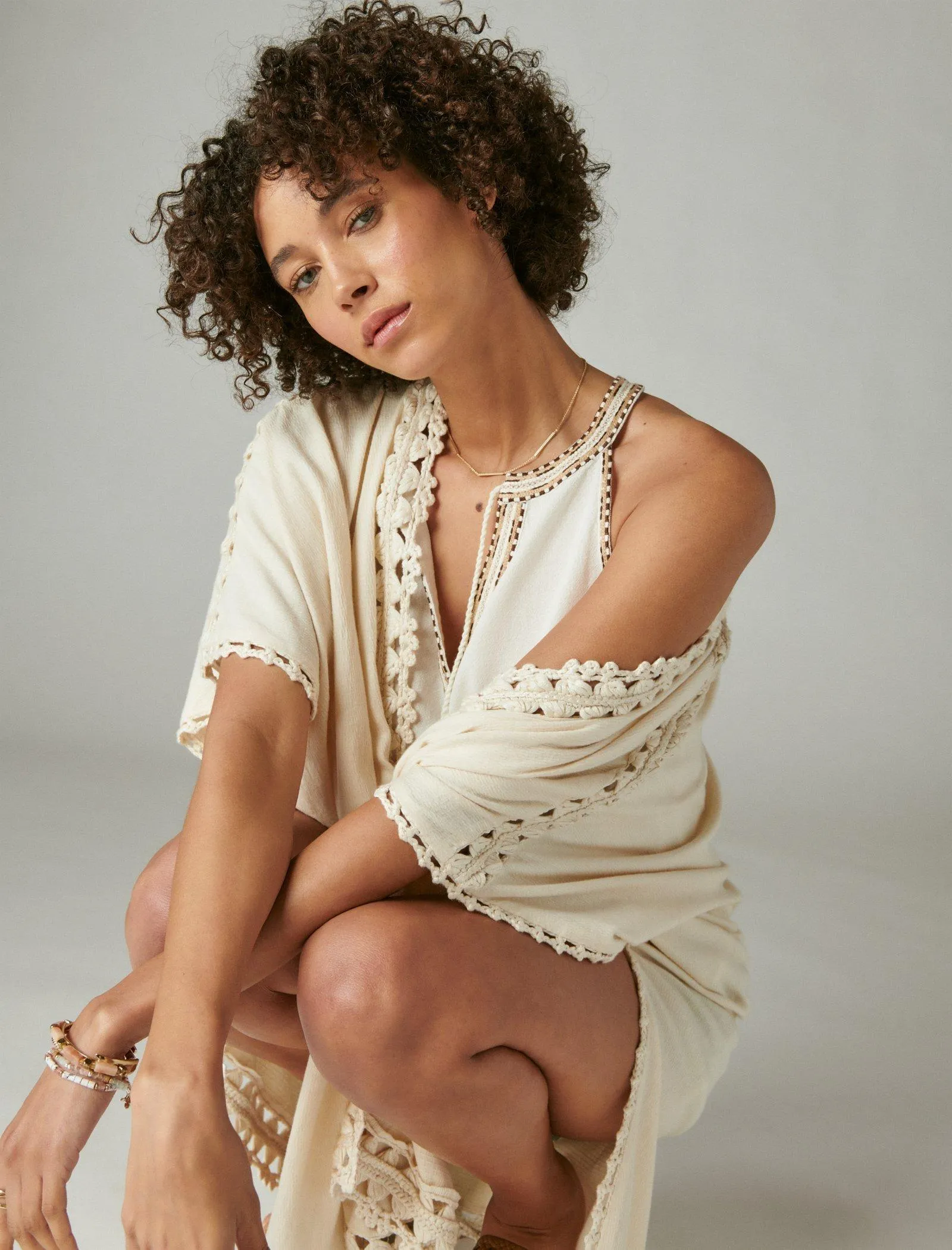 Lucky Brand Crochet Trim Kimono Cream Lucky Brand