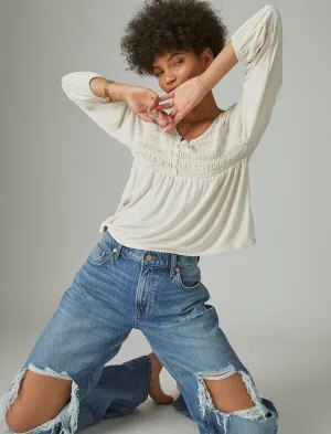 Lucky Brand Long Sleeve Smocked Sandwash Top Whitecap Gray Lucky Brand