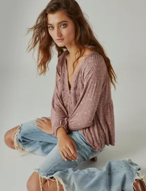 Lucky Brand Long Sleeve Smocked Top Mauve Multi Lucky Brand