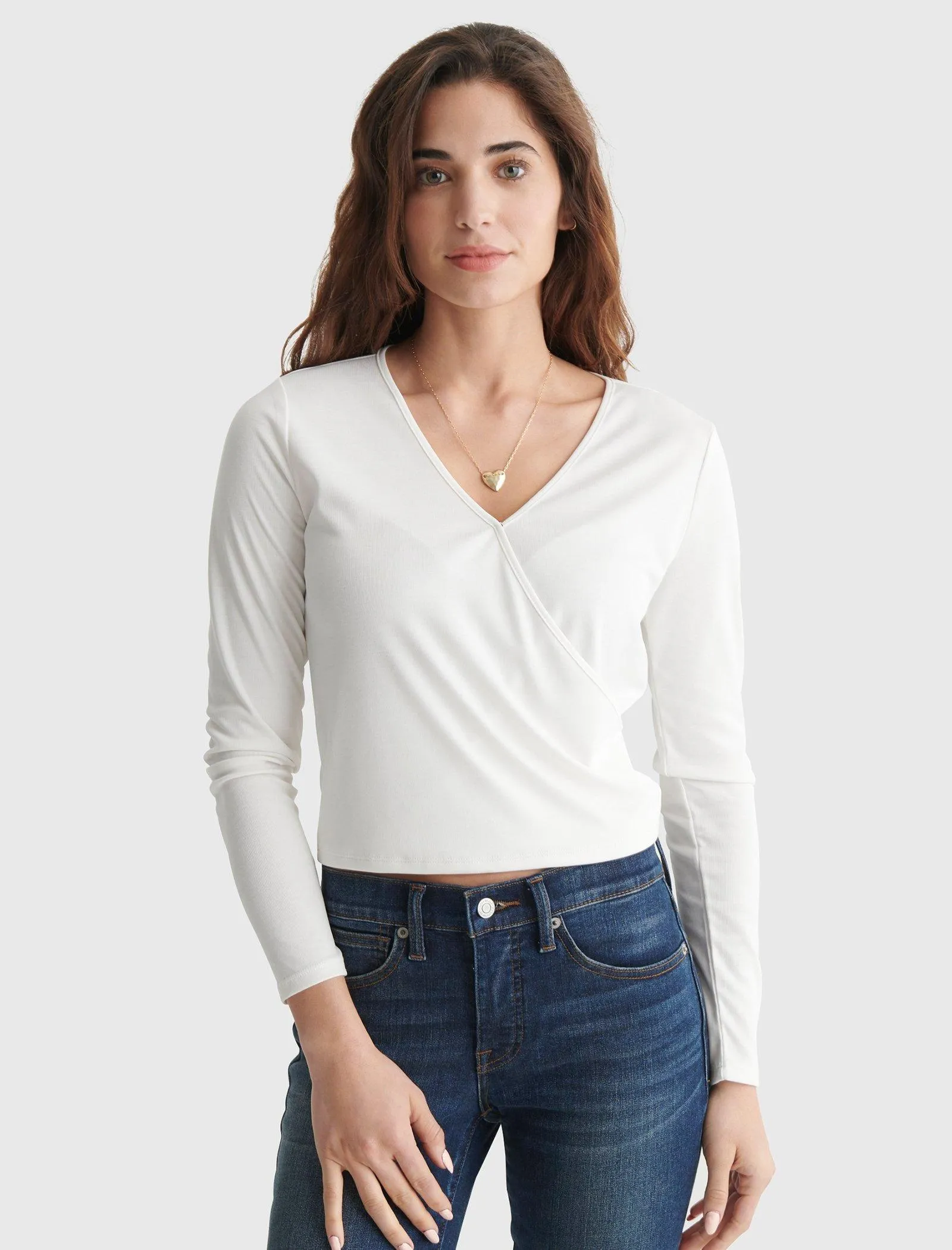 Lucky Brand Long Sleeve Surplice Rib-Knit Top Marshmallow Lucky Brand