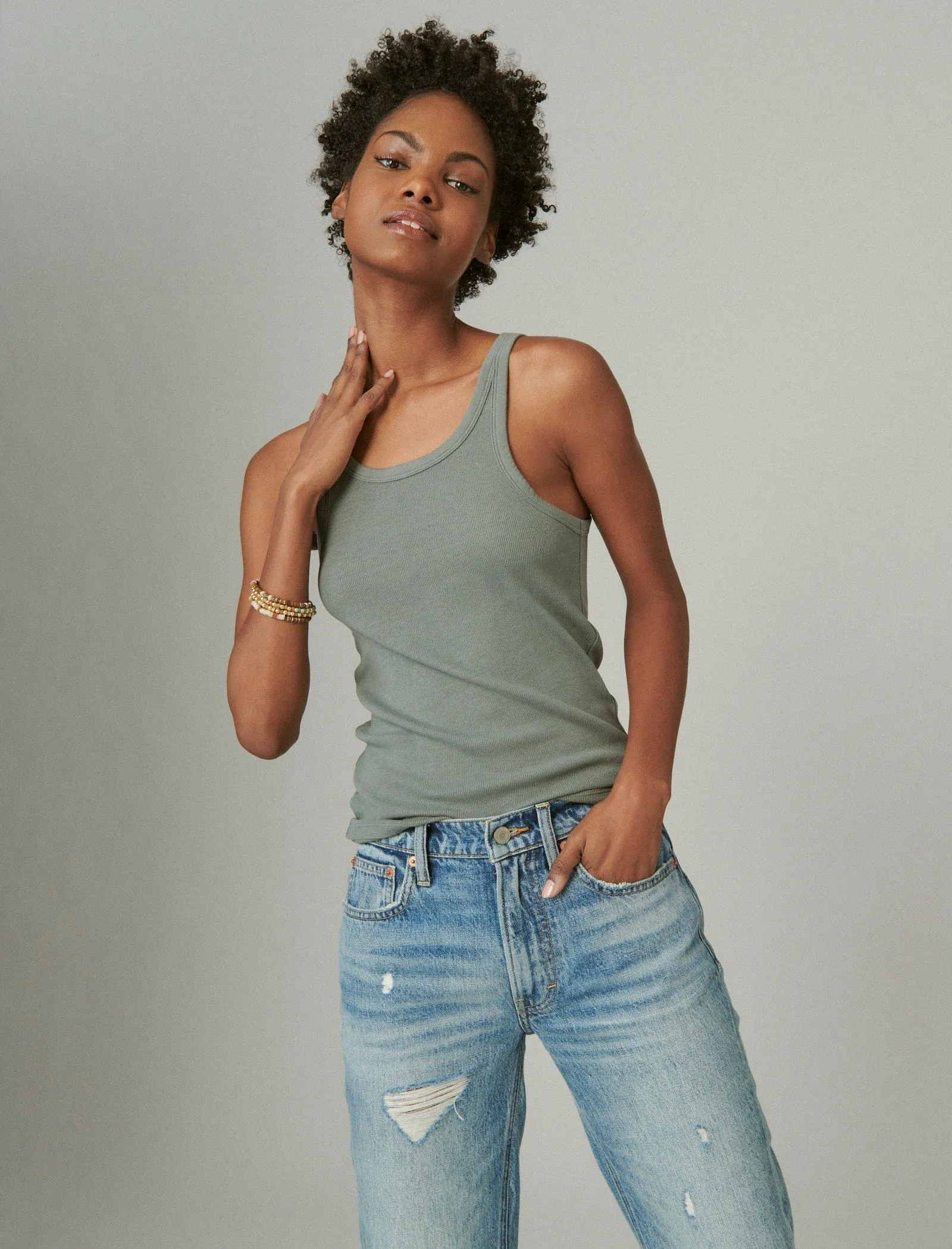 Lucky Brand Ribbed Essential Tank Balsam Green Lucky Brand