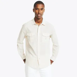 Nautica Men's Classic Fit Linen Striped Shirt Military Tan Nautica