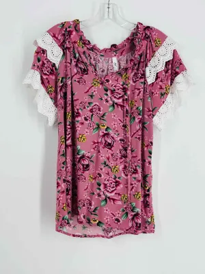NY Collection Size S Dusty Rose/Green Floral Eyelet Tops Top-Short Sleeve