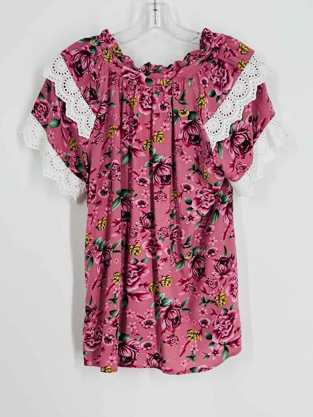 NY Collection Size S Dusty Rose/Green Floral Eyelet Tops Top-Short Sleeve