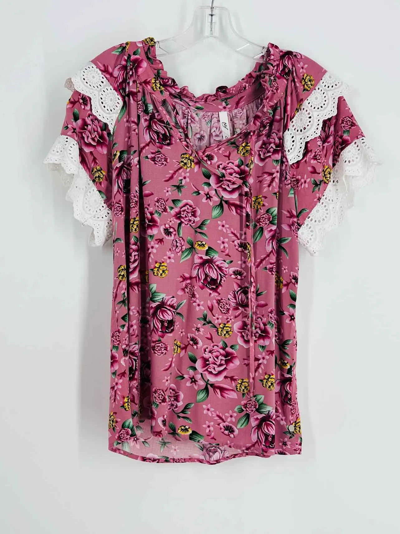 NY Collection Size S Dusty Rose/Green Floral Eyelet Tops Top-Short Sleeve