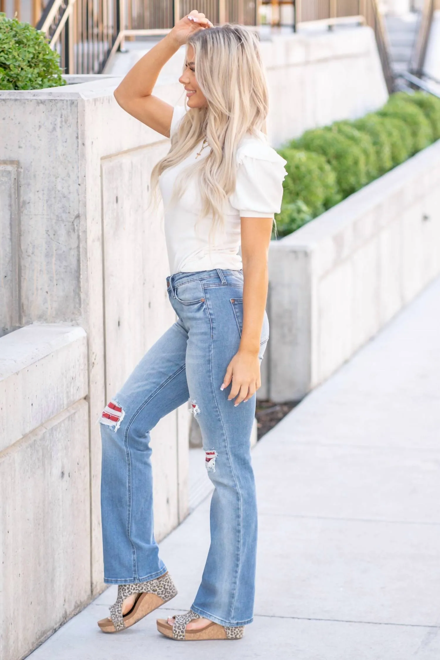 Plaid Patch Mid Rise Boot Cut Jeans In Light Blue