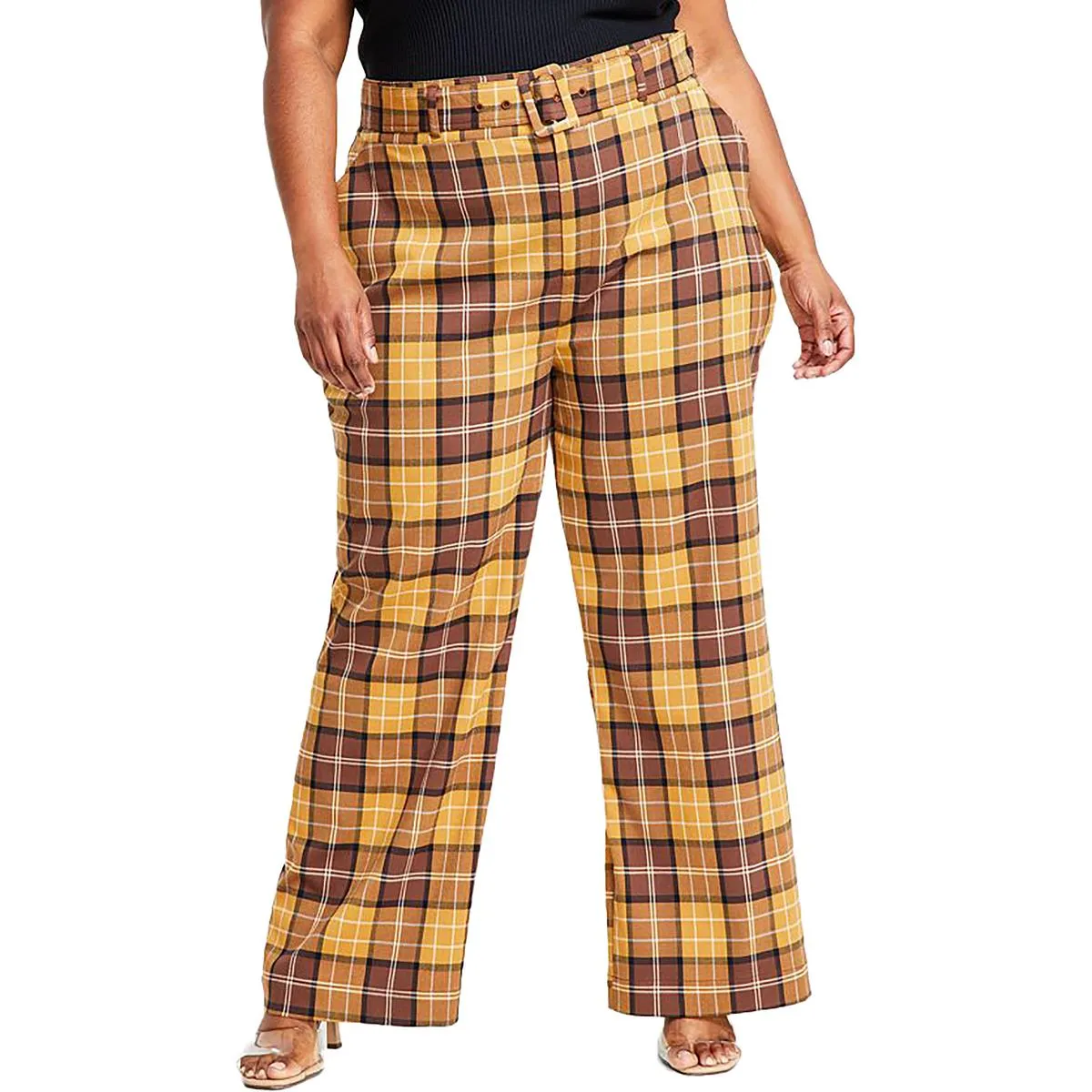 Plus Womens Belted High Rise Wide Leg Pants