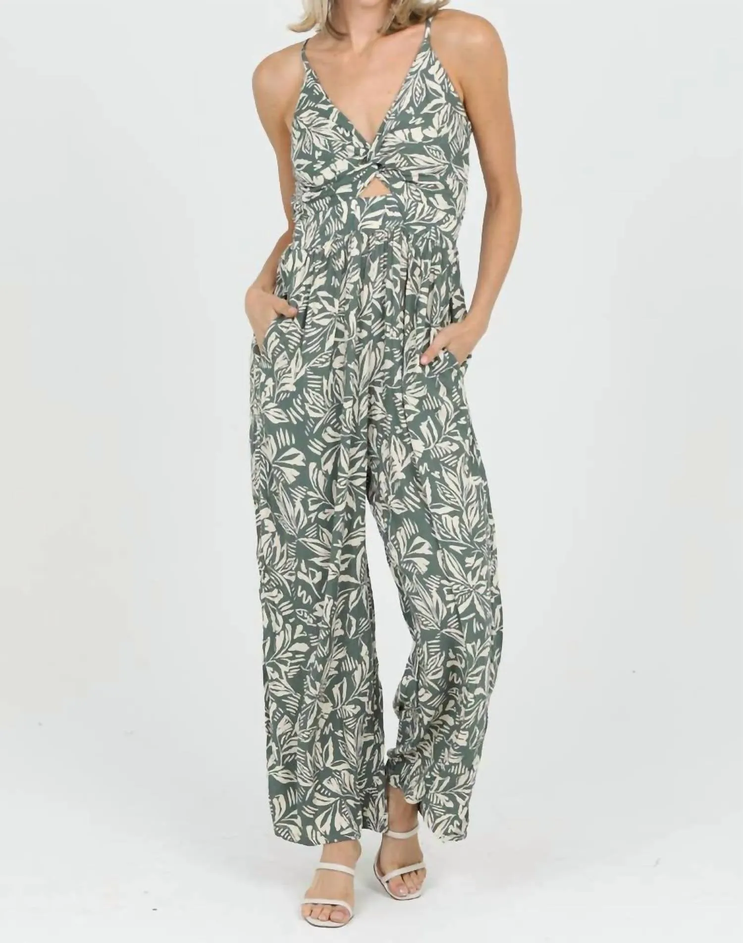 Renee V-Neck Twisted Front Cut-Out Jumpsuit In Sage