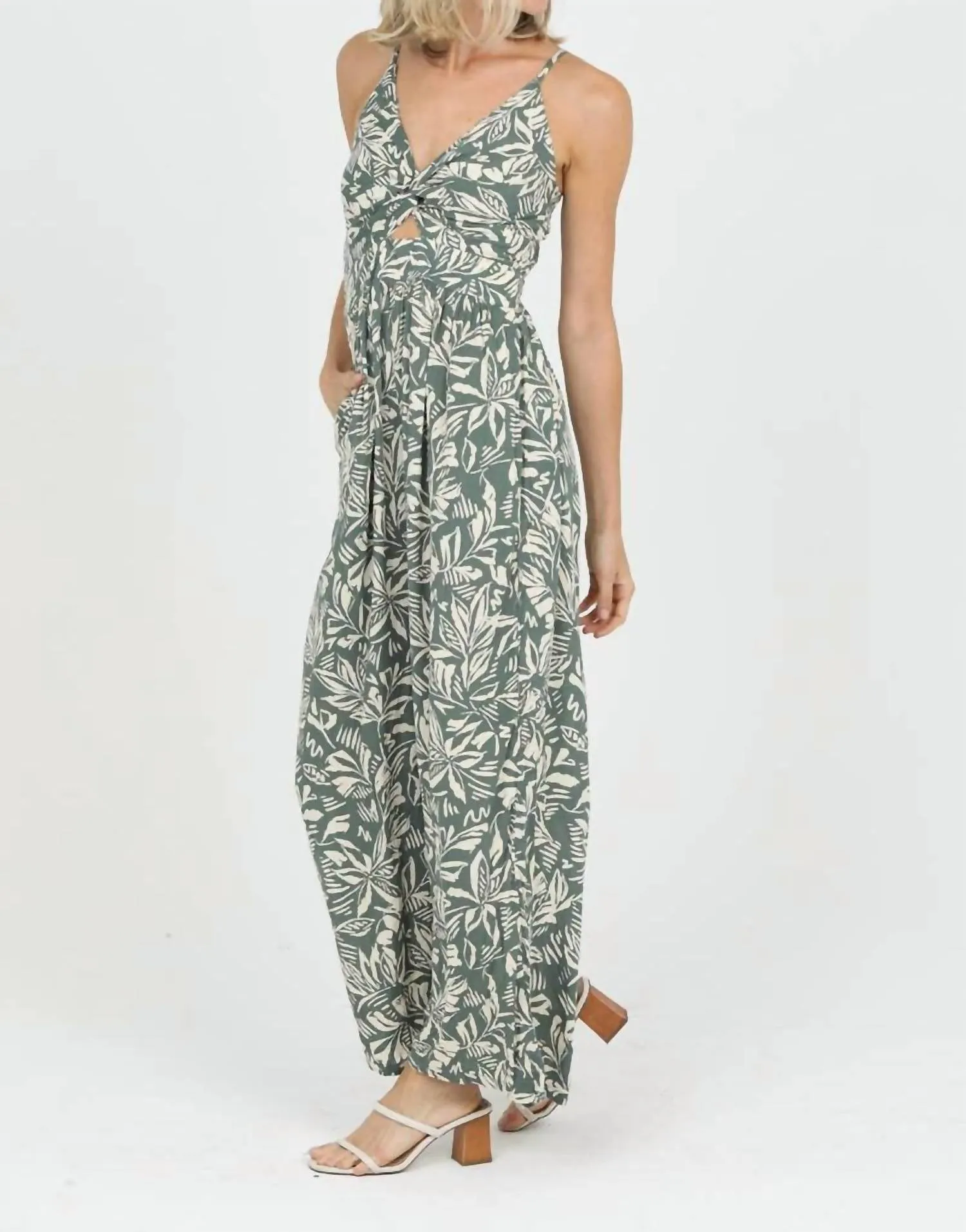 Renee V-Neck Twisted Front Cut-Out Jumpsuit In Sage