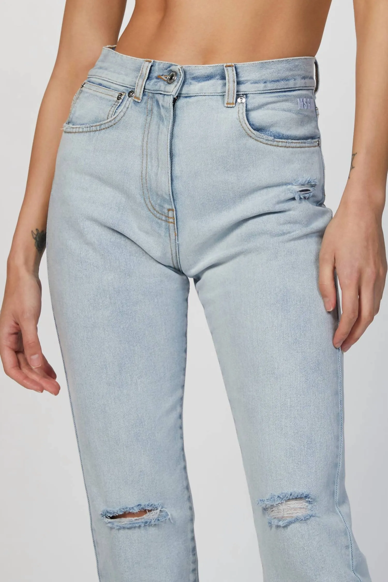 Ripped-Detailing Cropped Jeans In Light Blue