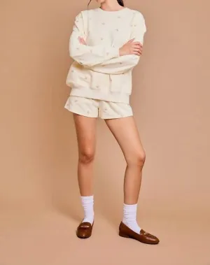 Round Neck Bow Embroidered Sweatshirt In Cream & Taupe