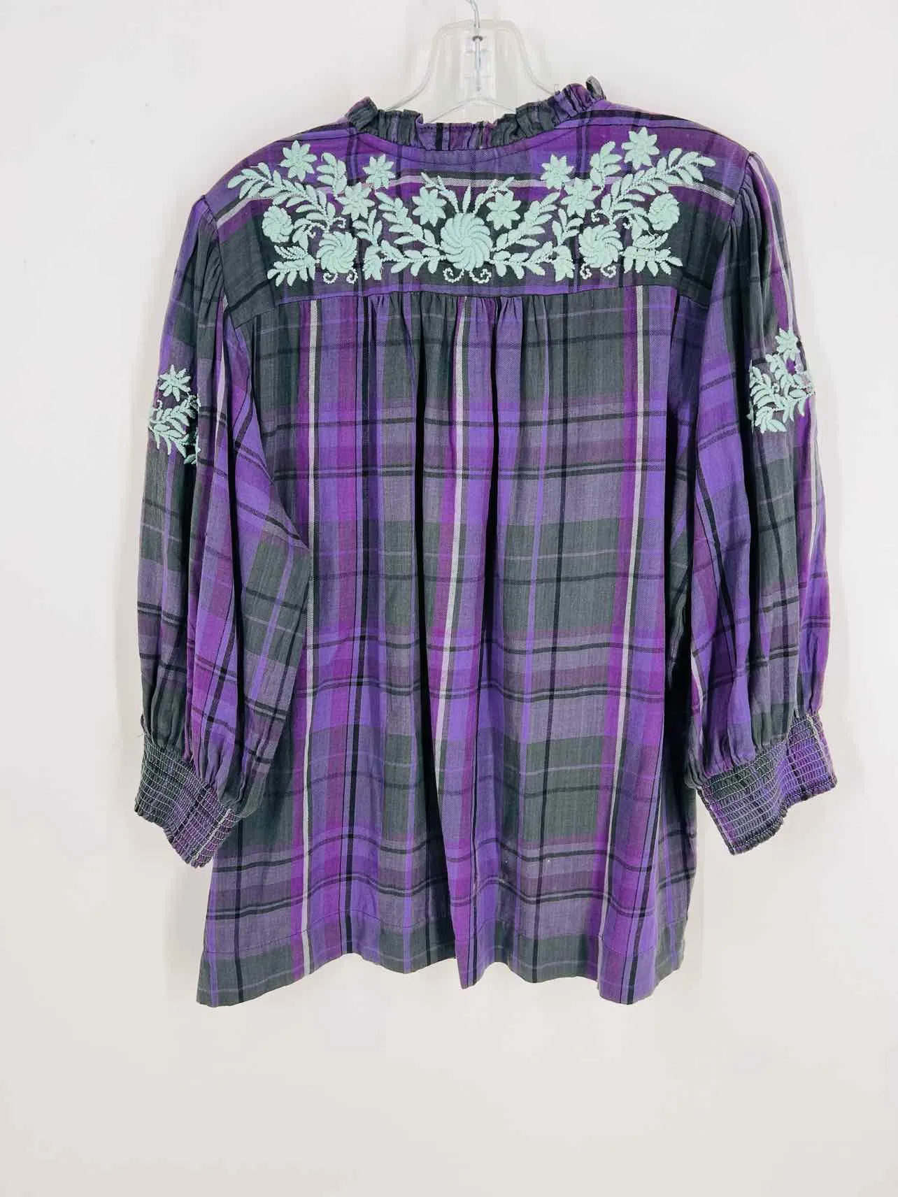 Sister Mary Size L Purple/Gray Plaid Embroidered Tops Top-3/4 Sleeve