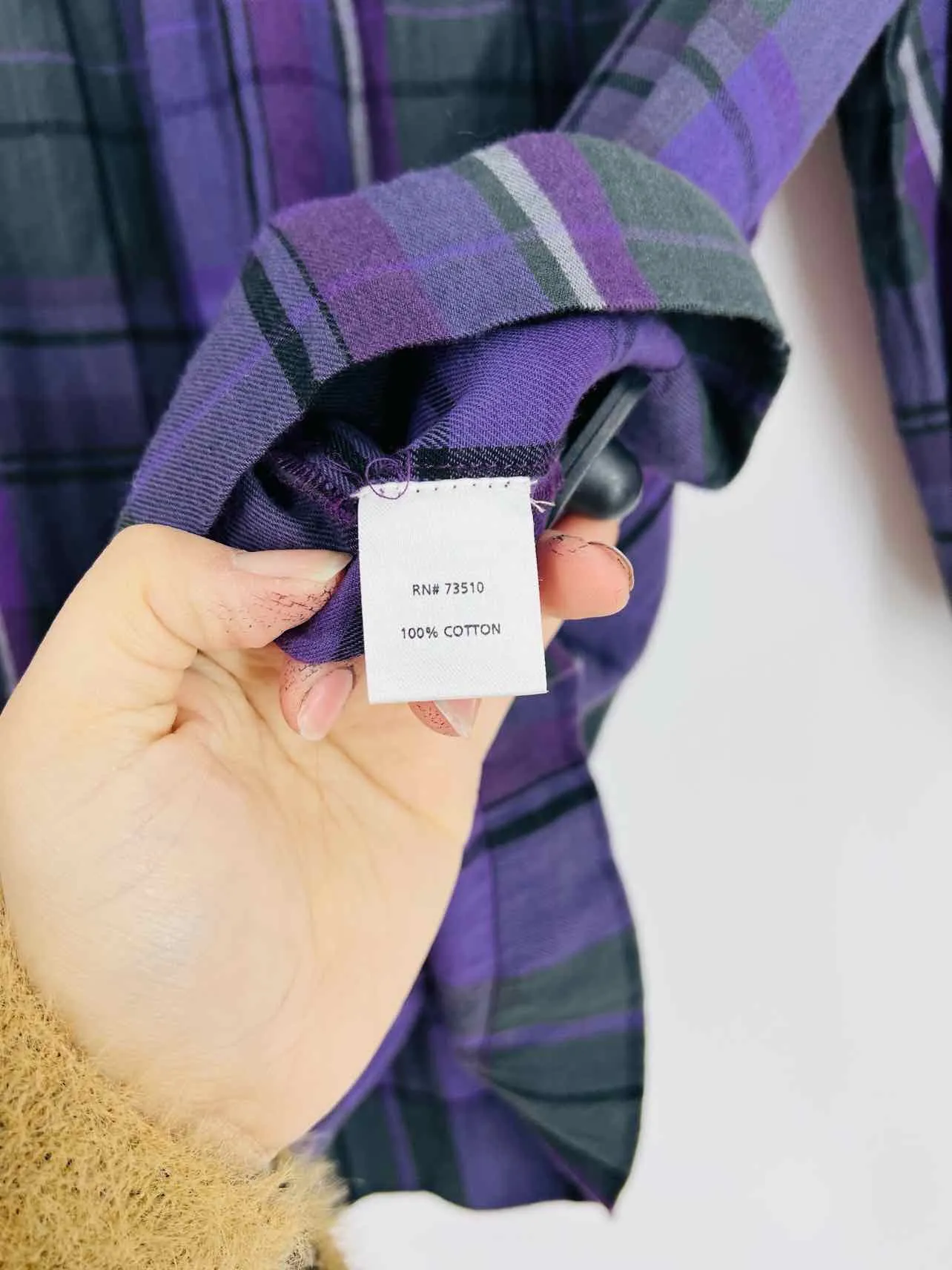 Sister Mary Size L Purple/Gray Plaid Embroidered Tops Top-3/4 Sleeve