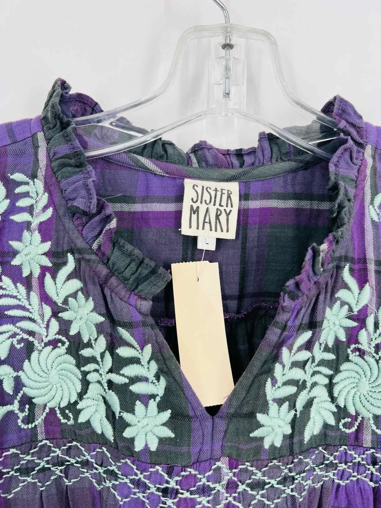 Sister Mary Size L Purple/Gray Plaid Embroidered Tops Top-3/4 Sleeve