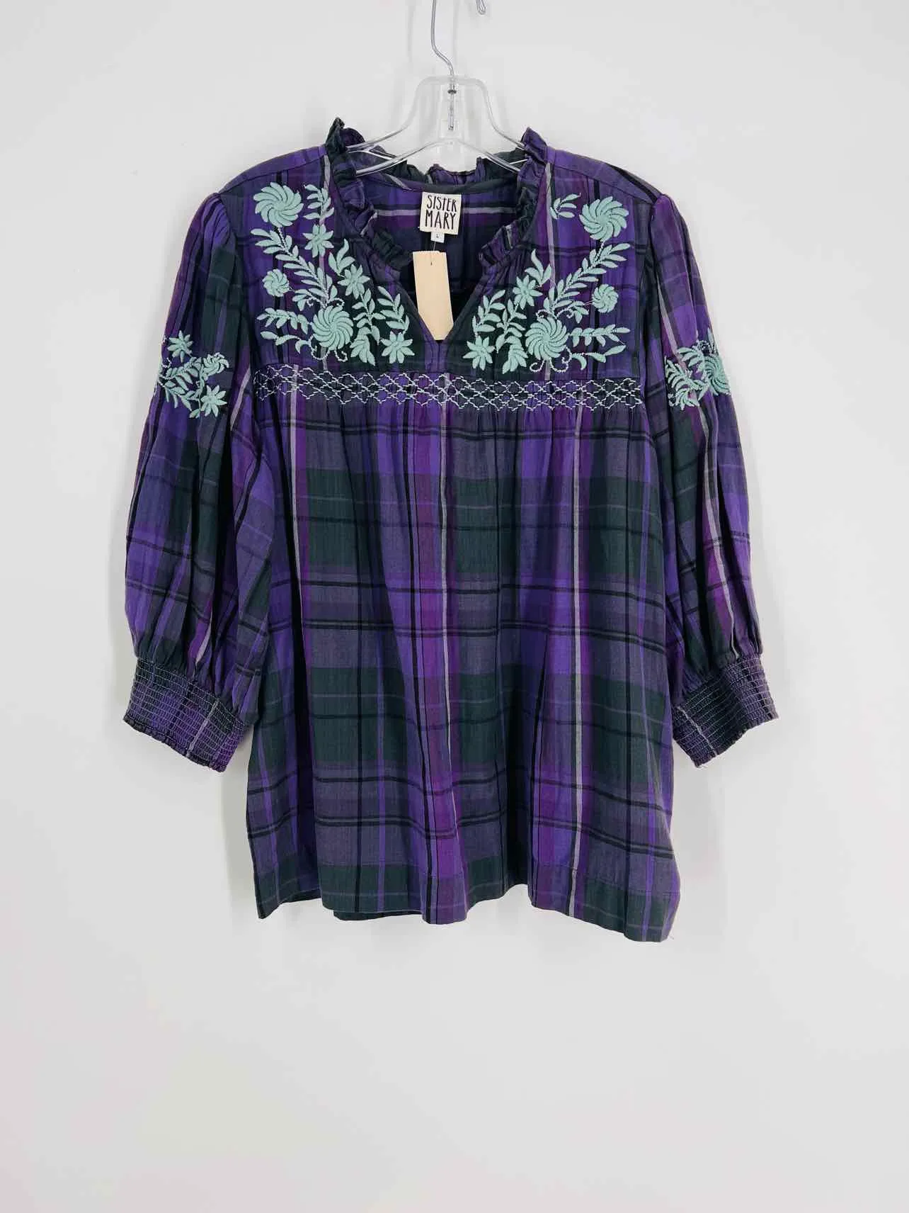 Sister Mary Size L Purple/Gray Plaid Embroidered Tops Top-3/4 Sleeve