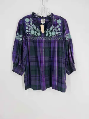 Sister Mary Size L Purple/Gray Plaid Embroidered Tops Top-3/4 Sleeve