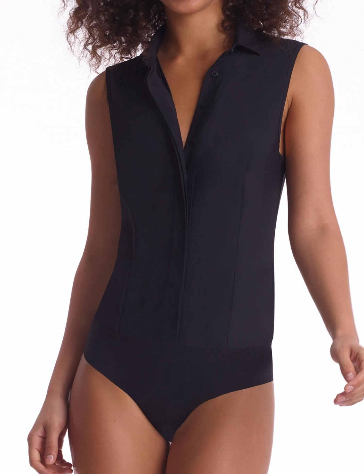 Sleeveless Classic Button Down Bodysuit In Black