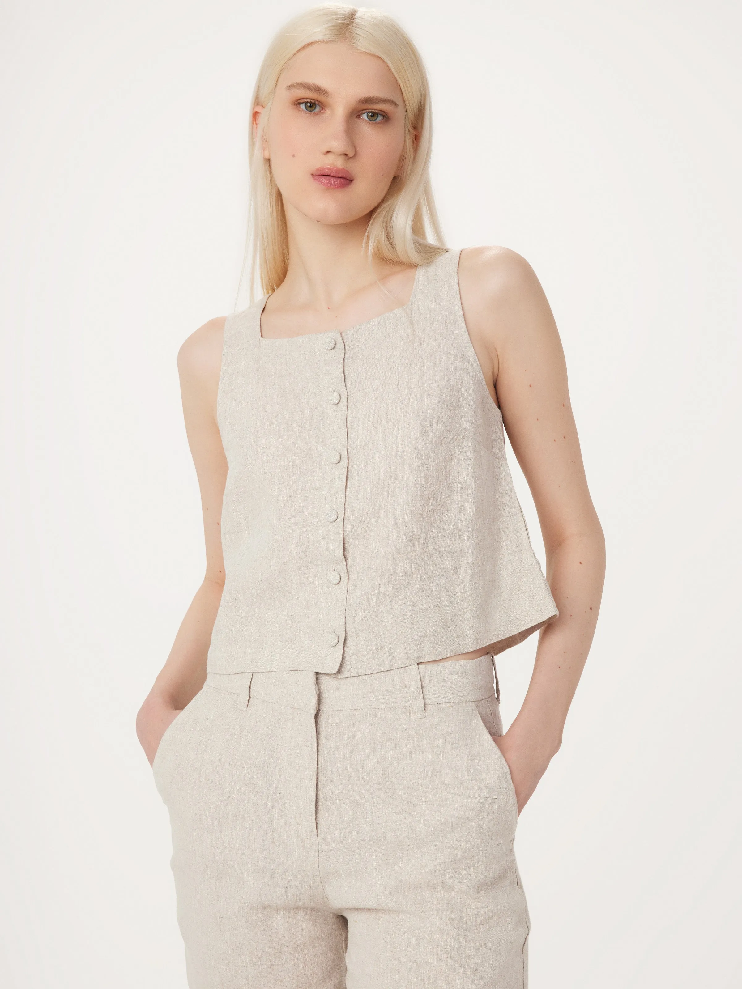 The Shell Linen Top in Light Beige