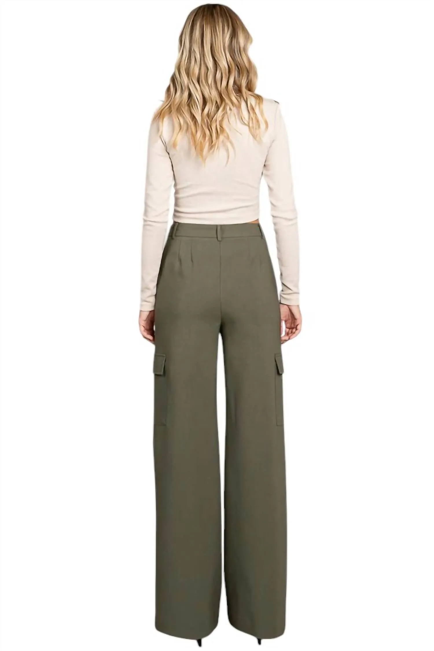 Twill Wide Leg Flap Pocket Pants In Olive