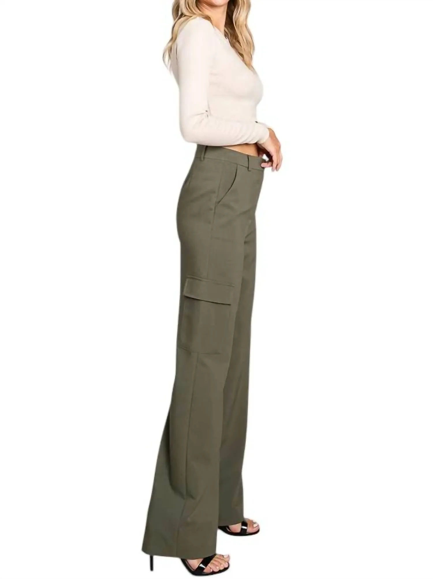 Twill Wide Leg Flap Pocket Pants In Olive