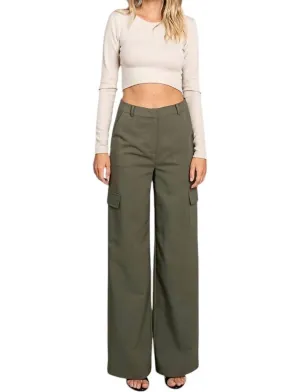Twill Wide Leg Flap Pocket Pants In Olive